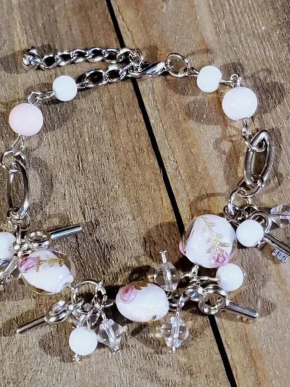 Vintage Murano Glass Beads White Silver Charm Bracelet Style J